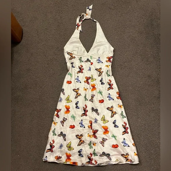 Y2K Vintage Poleci Silk Butterfly Babydoll Midi Dress - Picture 3 of 10